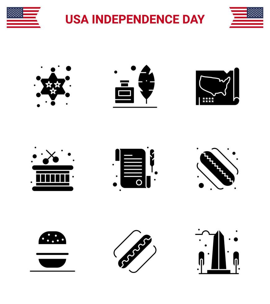 9 solide glyph tekens voor Verenigde Staten van Amerika onafhankelijkheid dag dag papier kaart stokjes trommel bewerkbare Verenigde Staten van Amerika dag vector ontwerp elementen