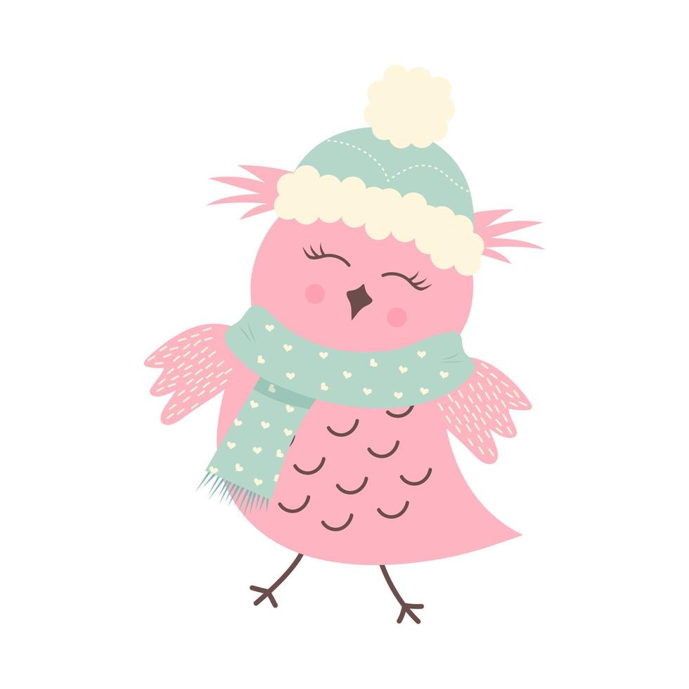 schattig grappig roze arrogant uil in een hoed en sjaal. Woud vogel tekenfilm karakter. vector