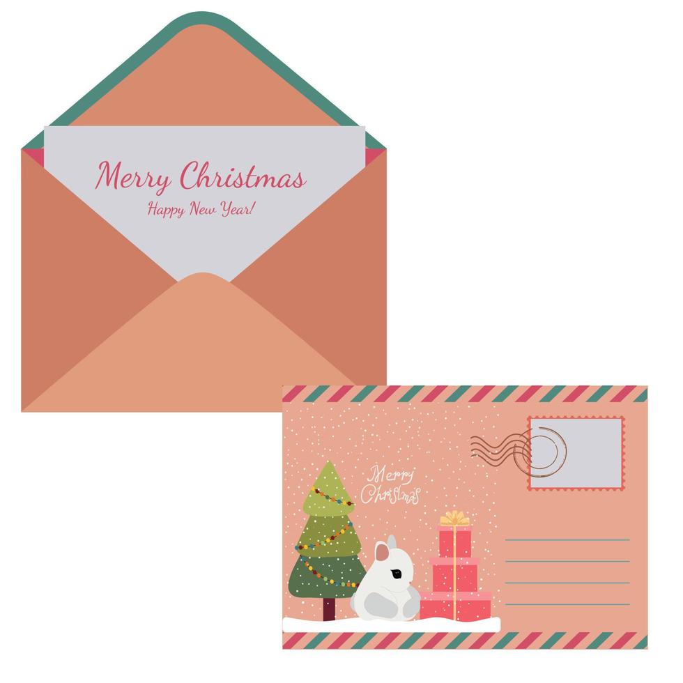 een envelop met een ansichtkaart en de opschrift vrolijk Kerstmis en nieuw jaar . een envelop met een schattig Kerstmis konijn. de symbool van de nieuw jaar 2023. vector illustratie.