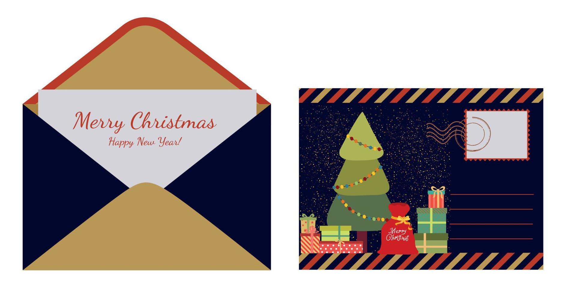 een envelop met een ansichtkaart en de opschrift vrolijk Kerstmis en nieuw jaar. een envelop met een afbeelding van geschenk dozen Bij de Kerstmis boom. vector illustratie