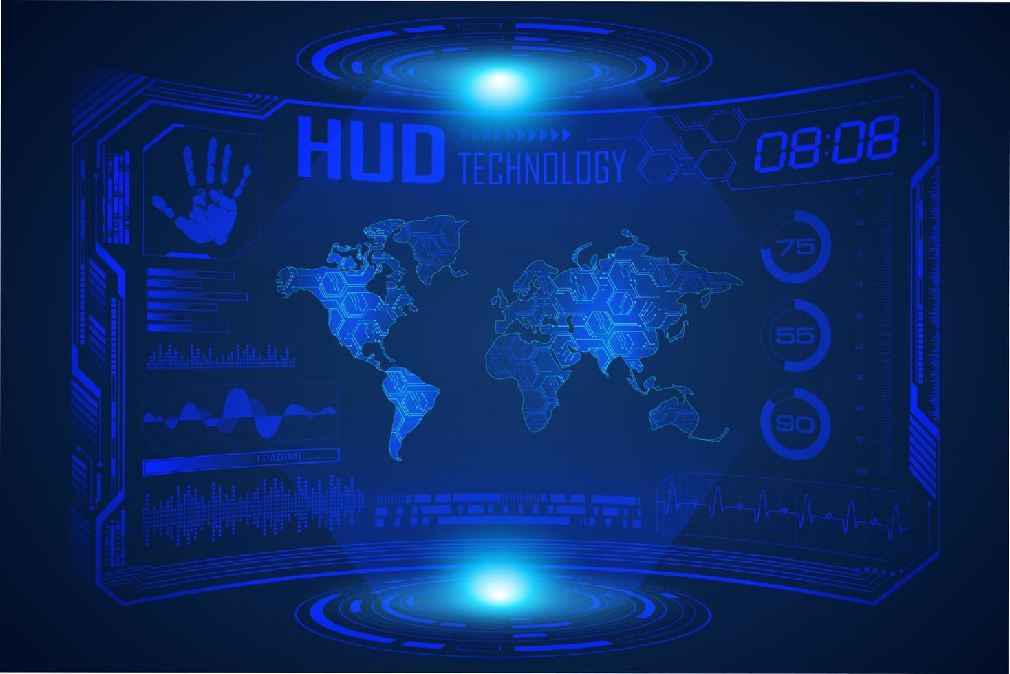 blauw modern hud technologie scherm achtergrond met wereld kaart vector