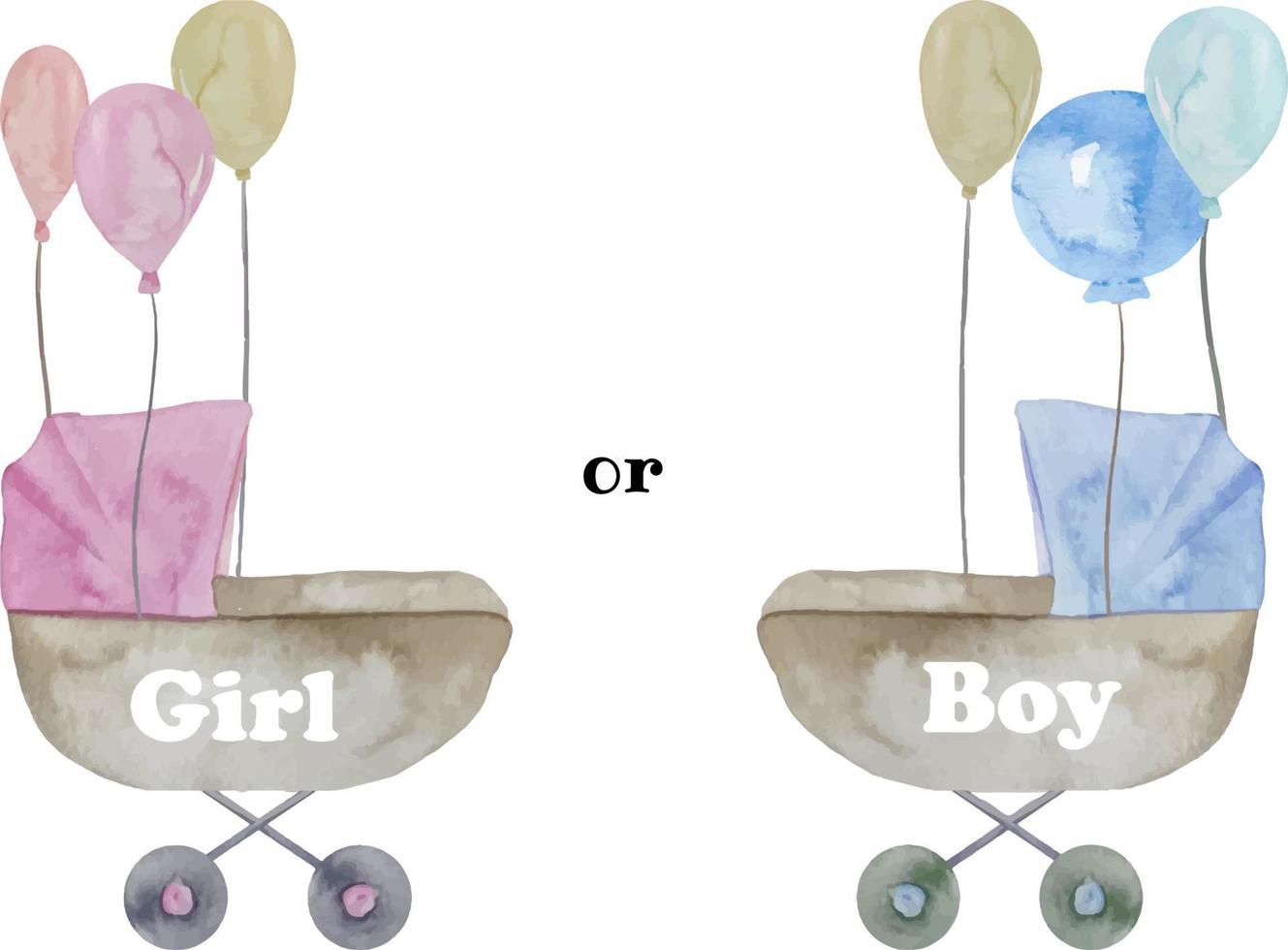 aquarel illustratie voor gender reveal party. het is een meisje en het is een jongen. sjabloon voor baby shower feestdecoratie in blauwe en roze kleuren, uitnodiging, aankondiging, poster, enz. vector
