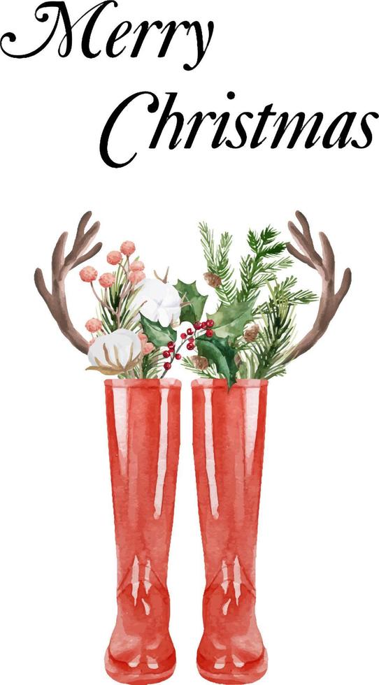 waterverf Kerstmis laarzen met Spar takken en bloemen. Kerstmis groen en rood regen laarzen voor Wellington regen laarzen afbeelding geschenken. vakantie uitnodiging met goed laarzen en pijnboom boom takken. vector