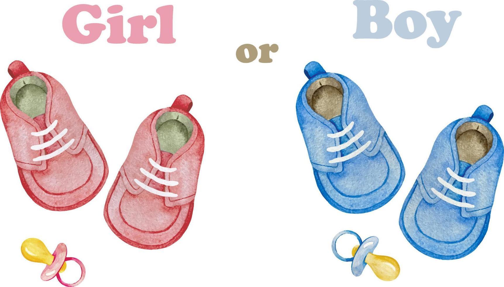 aquarel illustratie voor gender reveal party. het is een meisje en het is een jongen. sjabloon voor baby shower feestdecoratie in blauwe en roze kleuren, uitnodiging, aankondiging, poster, enz. vector