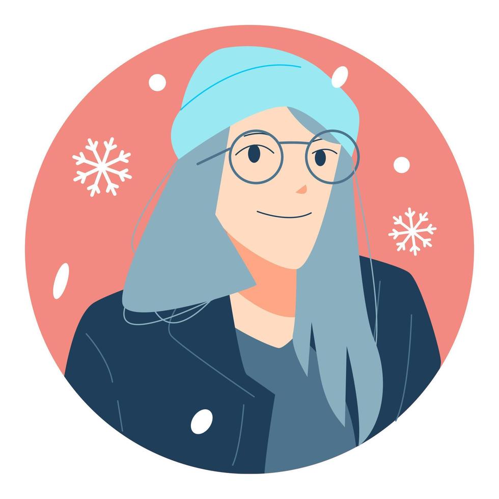 vrouw vervelend bril en vervelend een muts hoed. winter avatar karakter portret. kleurrijk tekenfilm vector illustratie. modern mode warm kleding. sneeuwval. sneeuw icoon.