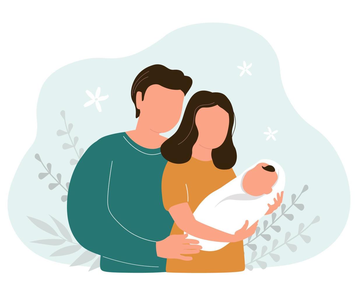 een moeder met een baby in haar armen en een vader knuffelen. gelukkig liefhebbend familie. vector grafiek.