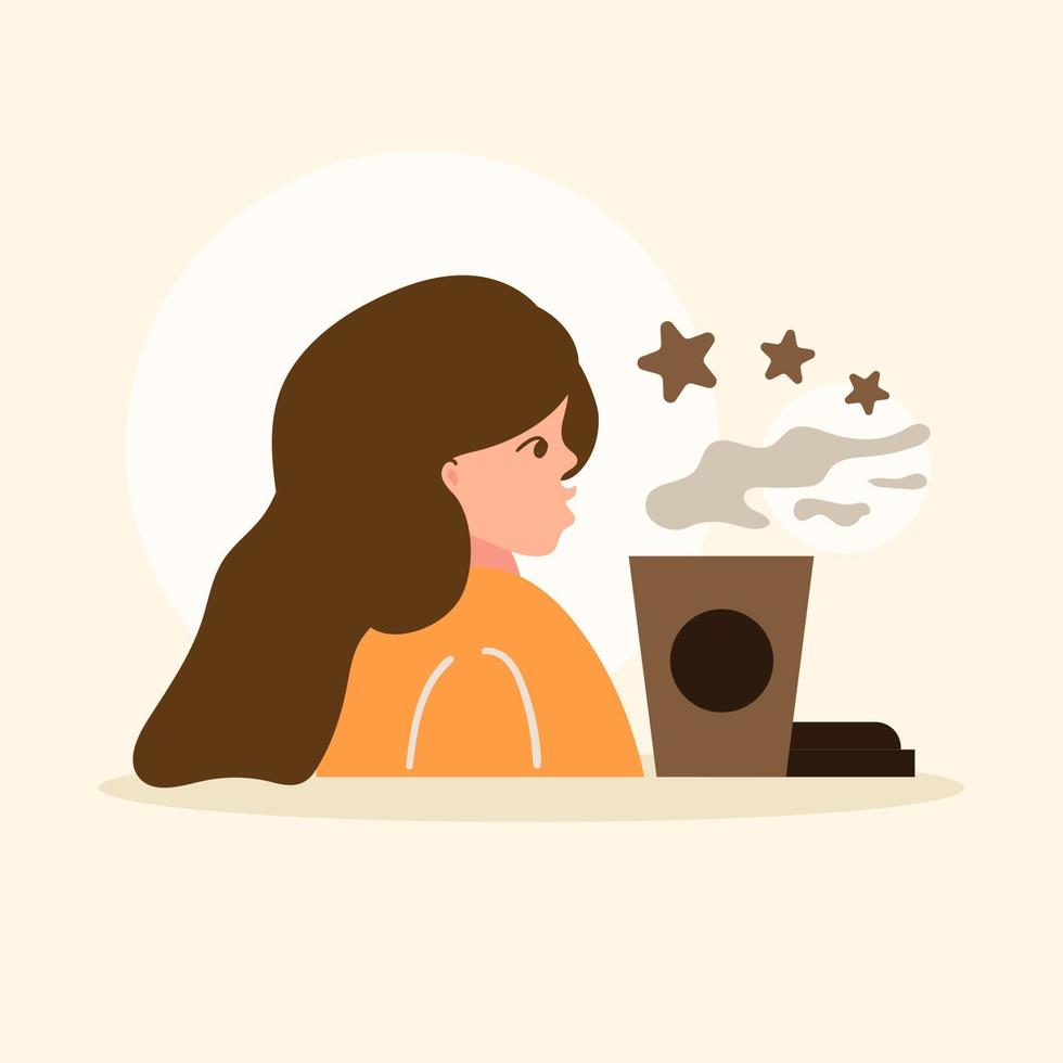 schattig aanbiddelijk tekenfilm gelukkig koffie meisje vrouw illustratie voor sticker icoon mascotte en logo vector