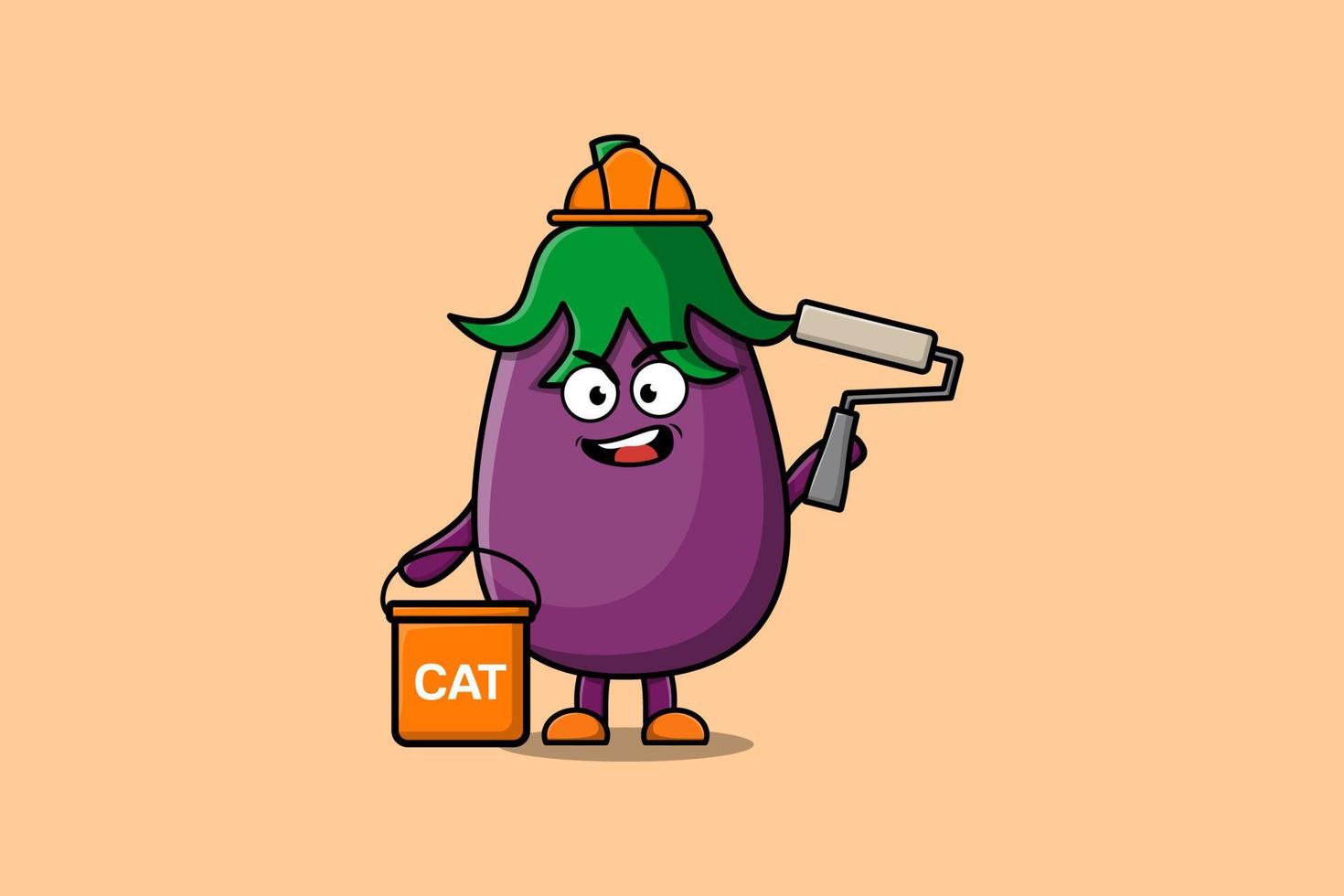 schattig tekenfilm aubergine een bouwer karakter schilderij vector