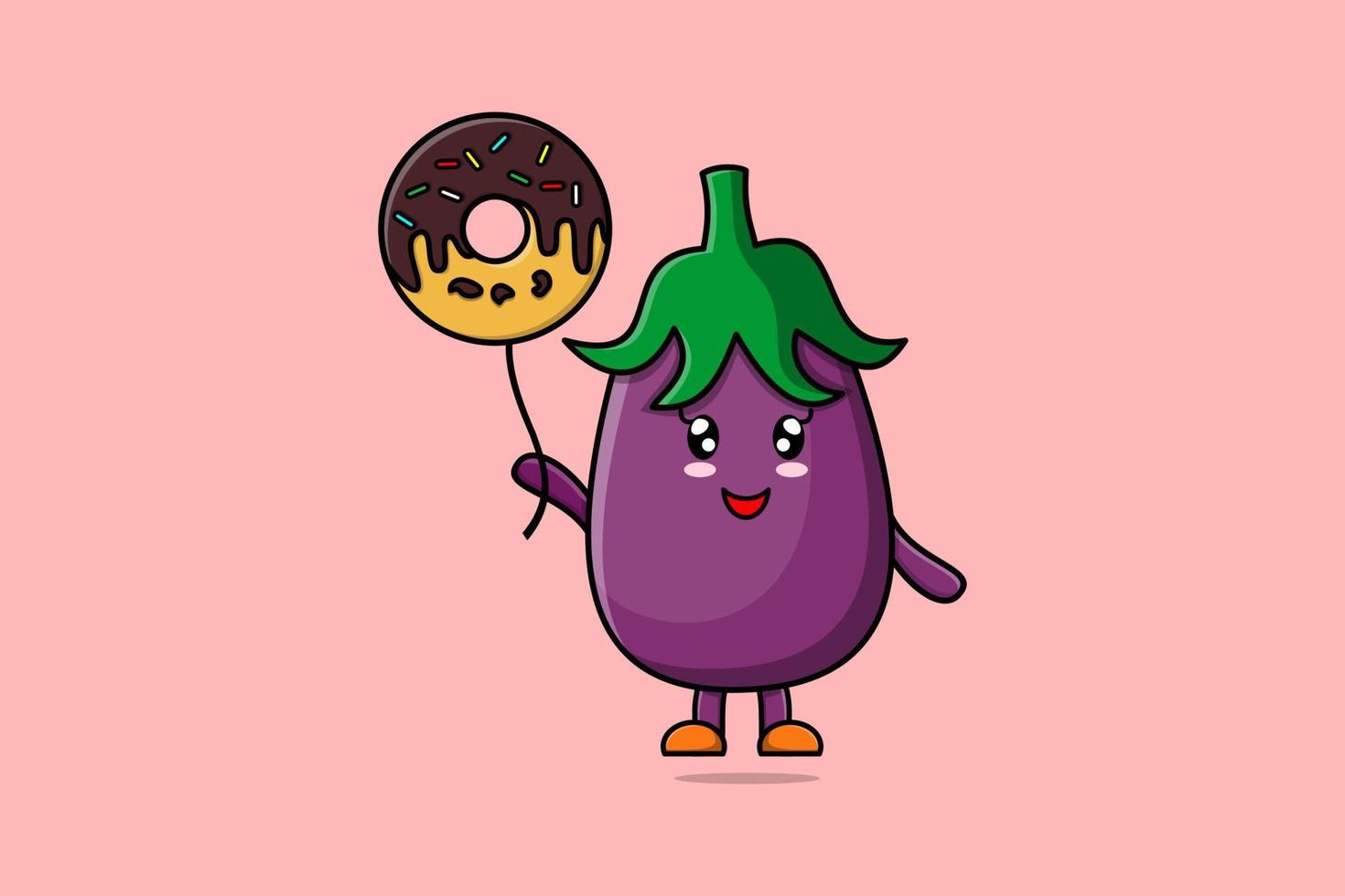 schattig tekenfilm aubergine drijvend met donuts vector