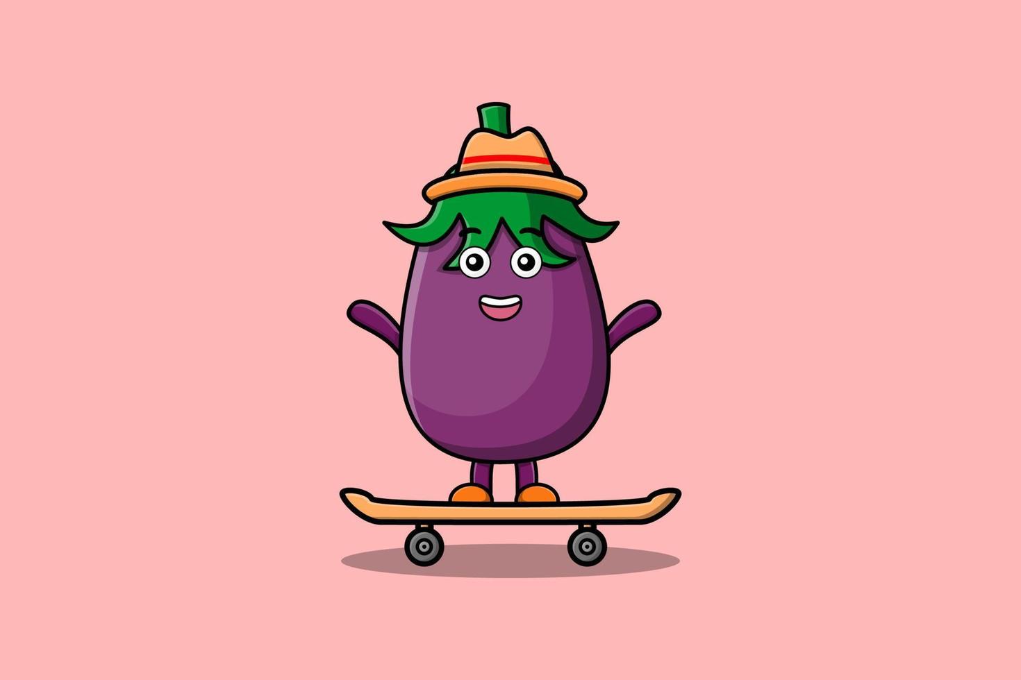 schattig tekenfilm aubergine staand Aan skateboard vector