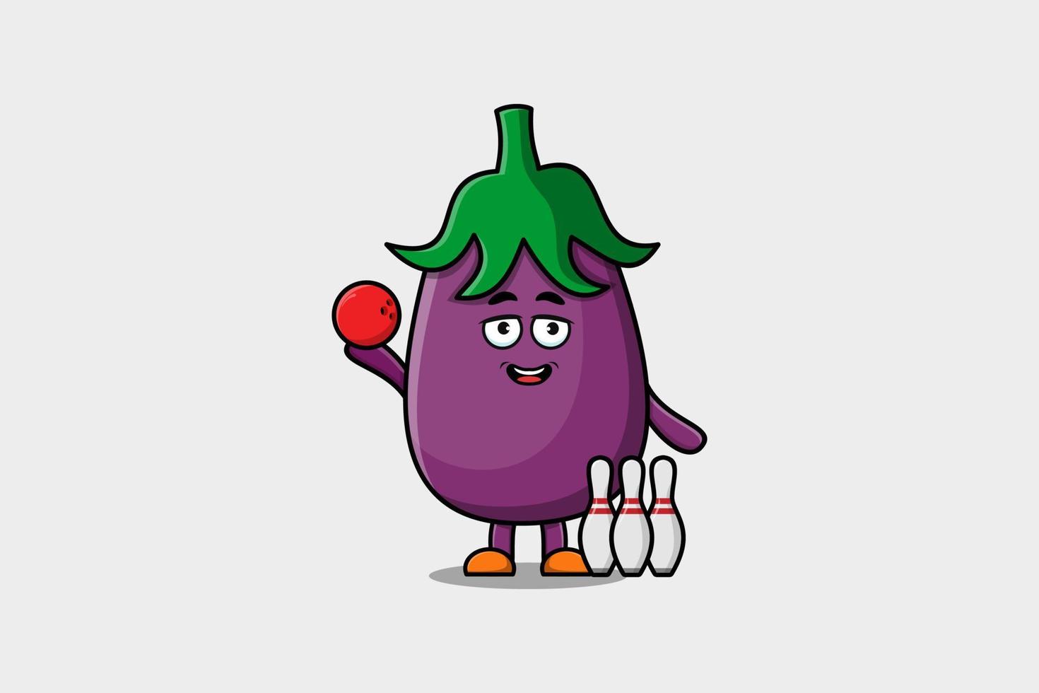 schattig tekenfilm aubergine karakter spelen bowling vector