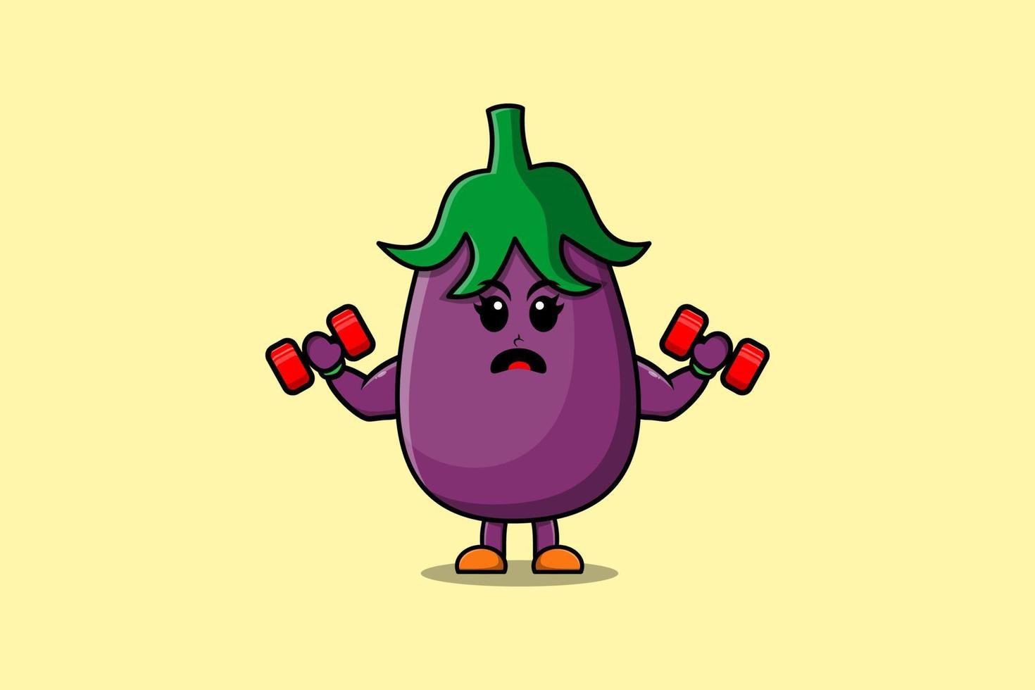 schattig tekenfilm aubergine is geschiktheid met barbell vector