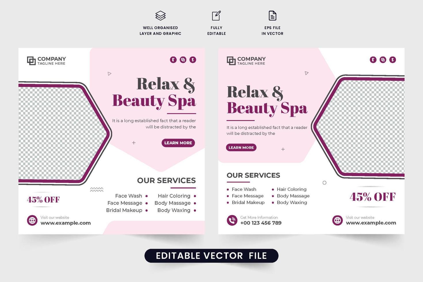 schoonheid spa behandeling promotionele poster ontwerp met lavendel en donker kleuren. lichaam massage en schoonheid salon sjabloon vector voor sociaal media marketing. lichaam en huid zorg centrum advertentie.