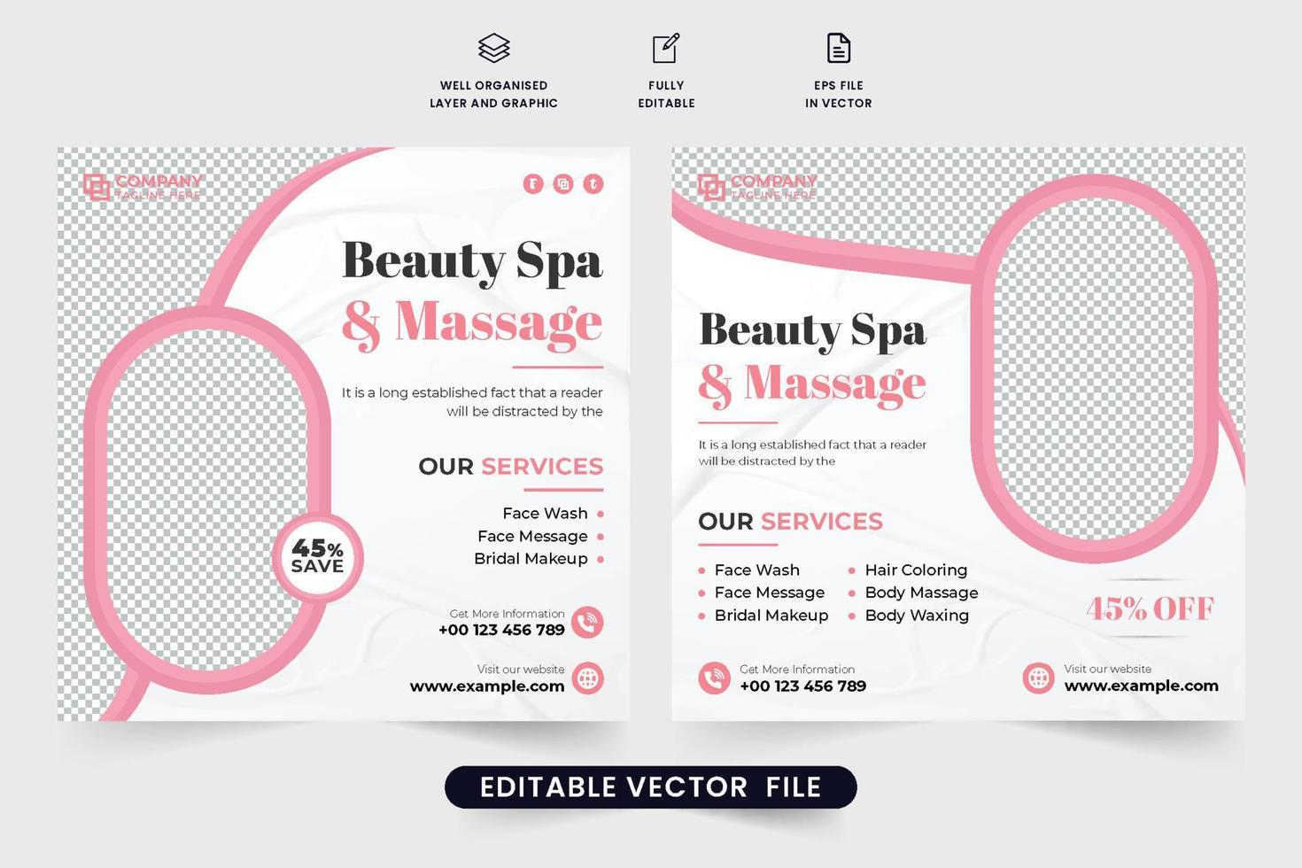 schoonheid spa en massage centrum sjabloon voor sociaal media Promotie. speciaal huid zorg salon Promotie poster ontwerp met foto tijdelijke aanduidingen. Dames lichaam zorg en ontspannende behandeling advertentie. vector