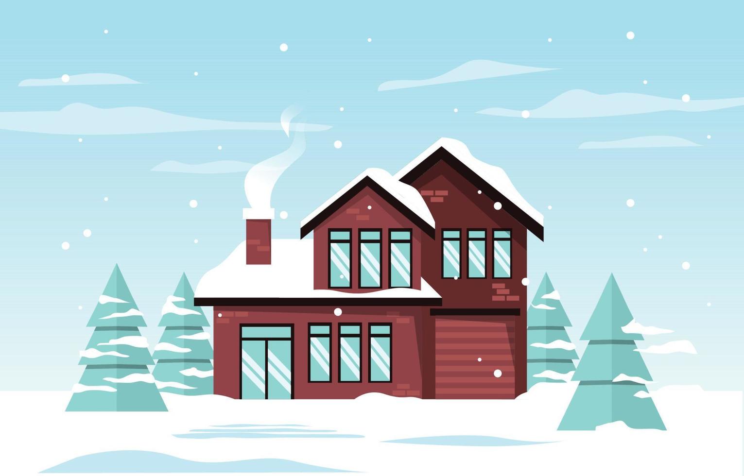 huis huis pijnboom in sneeuw vallen winter illustratie vector