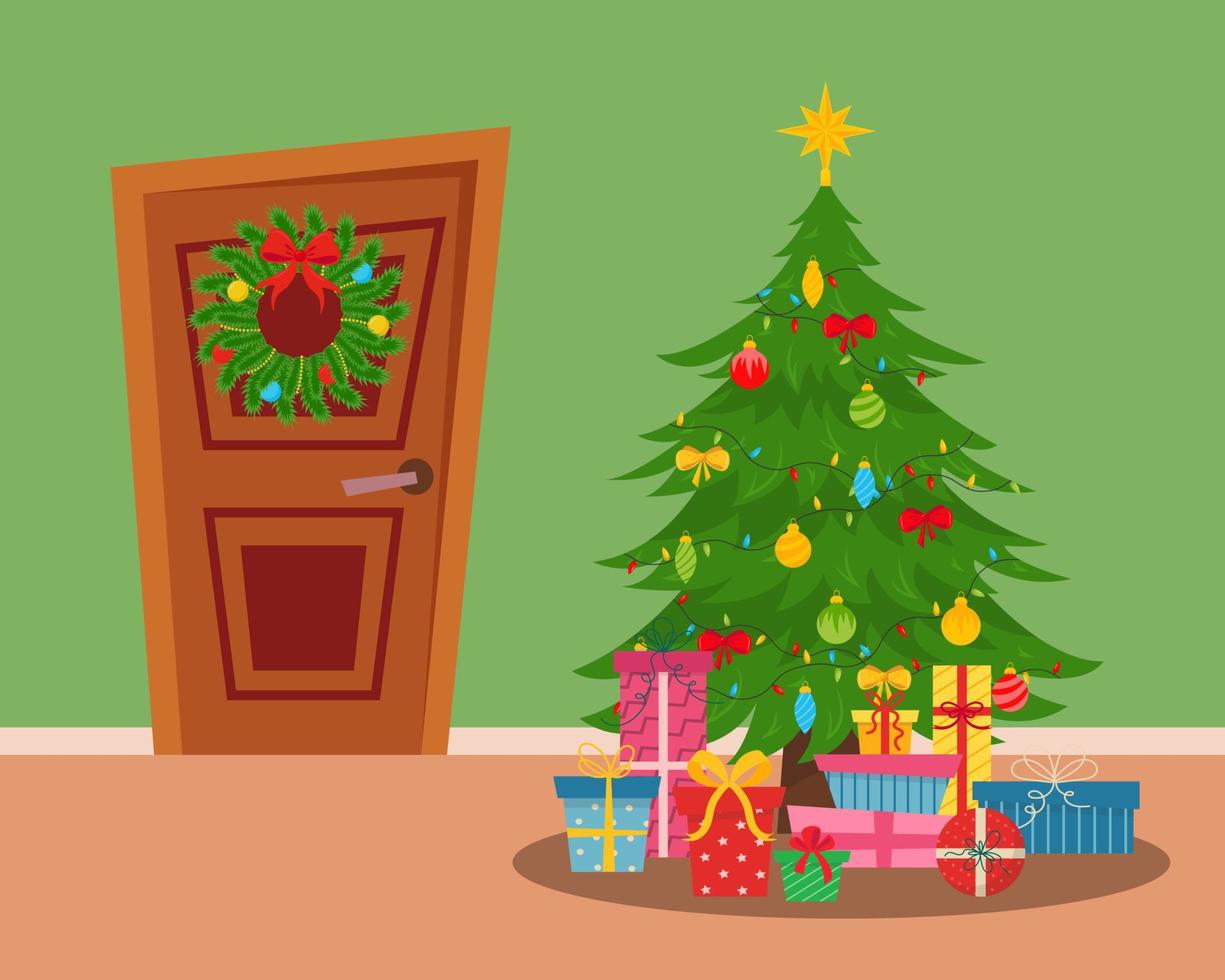 interieur. deur met een Kerstmis krans en een Kerstmis boom met geschenken. vector illustratie.