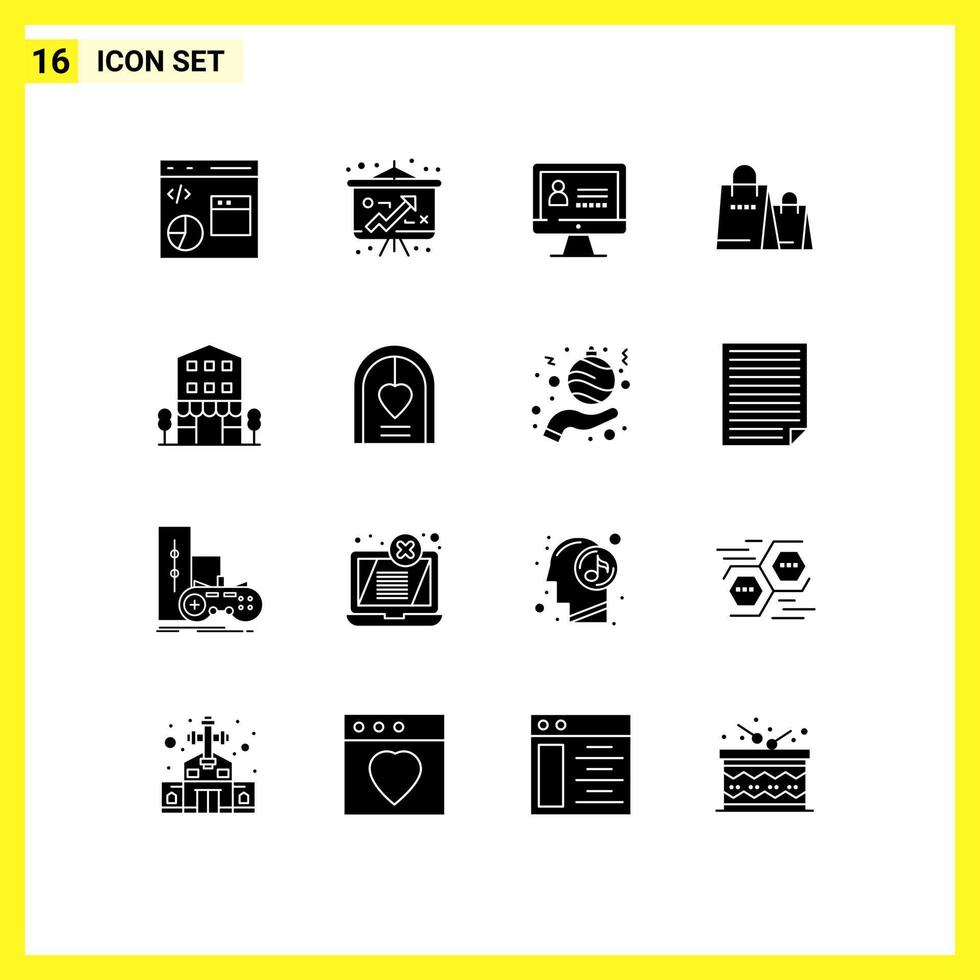 pictogram reeks van 16 gemakkelijk solide glyphs van kleinhandel gebouwen computer winkel handtas bewerkbare vector ontwerp elementen