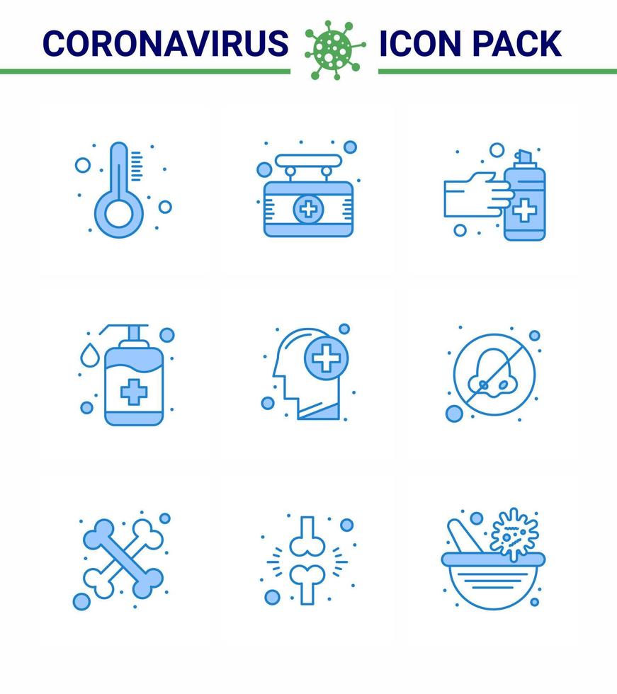 coronavirus voorzorgsmaatregel tips icoon voor gezondheidszorg richtlijnen presentatie 9 blauw icoon pak zo net zo hersenen zeep gebaren handverzorging fles virale coronavirus 2019november ziekte vector ontwerp elementen