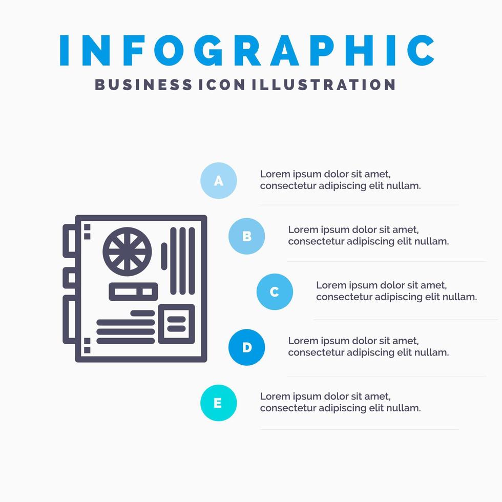 computer hoofd moederbord moeder moederbord lijn icoon met 5 stappen presentatie infographics achtergrond vector