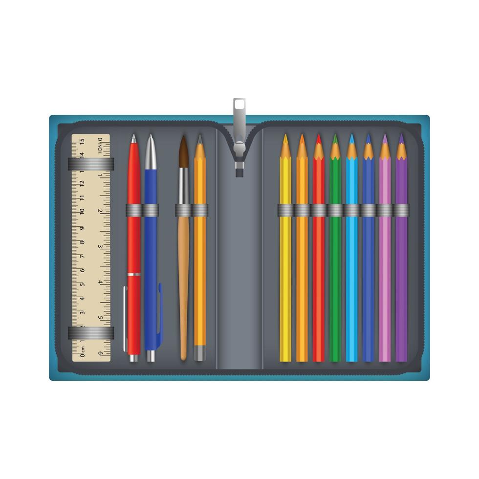 kleurrijk potlood doos icoon, realistisch stijl vector