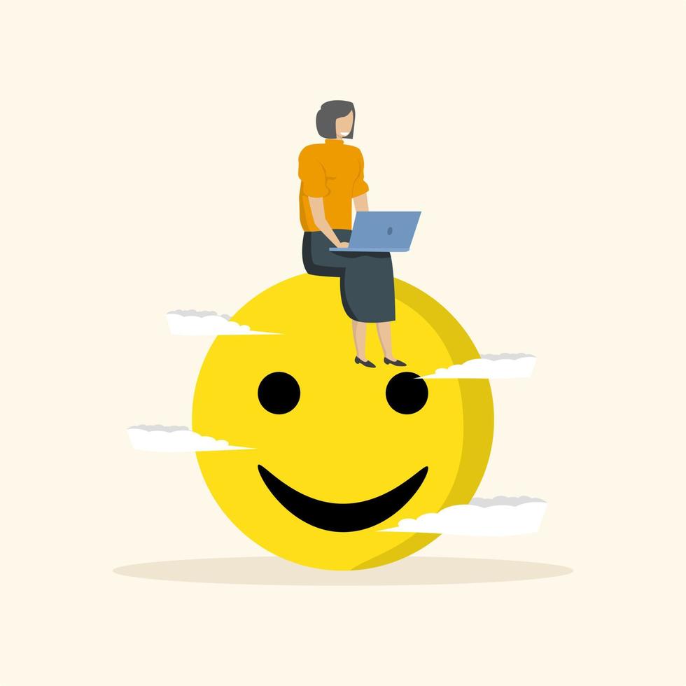gelukkig zakenvrouw werken met computer laptop via smiley emoticon met gelukkig humeur metafoor. gelukkig werk, genieten baan tevredenheid of carrière, liefde baan of passie concept. vector