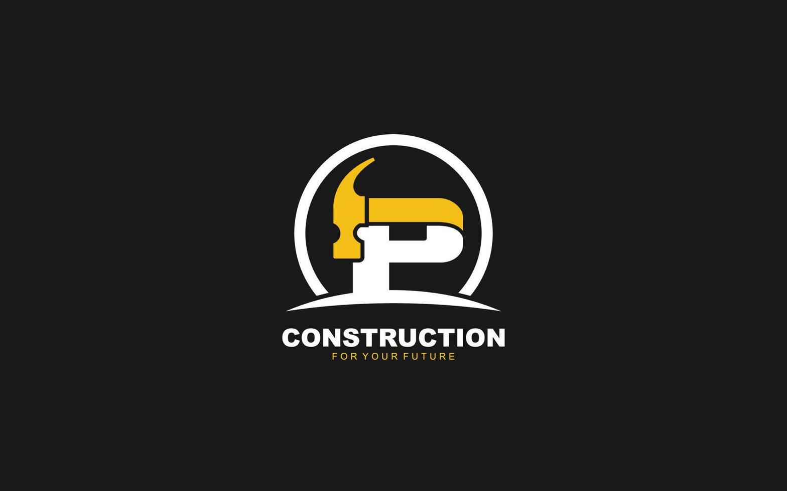 p logo bouw vector voor houtbewerking bedrijf. eerste brief hamer sjabloon vector illustratie voor uw merk.