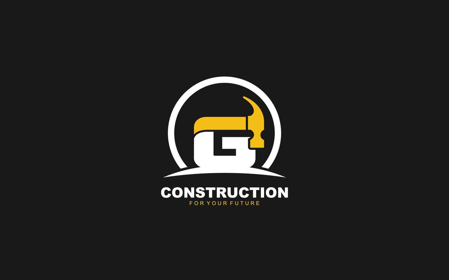 g logo bouw vector voor houtbewerking bedrijf. eerste brief hamer sjabloon vector illustratie voor uw merk.