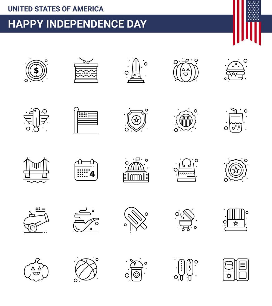 gelukkig onafhankelijkheid dag Verenigde Staten van Amerika pak van 25 creatief lijnen van hamburger pompoen st voedsel Verenigde Staten van Amerika bewerkbare Verenigde Staten van Amerika dag vector ontwerp elementen