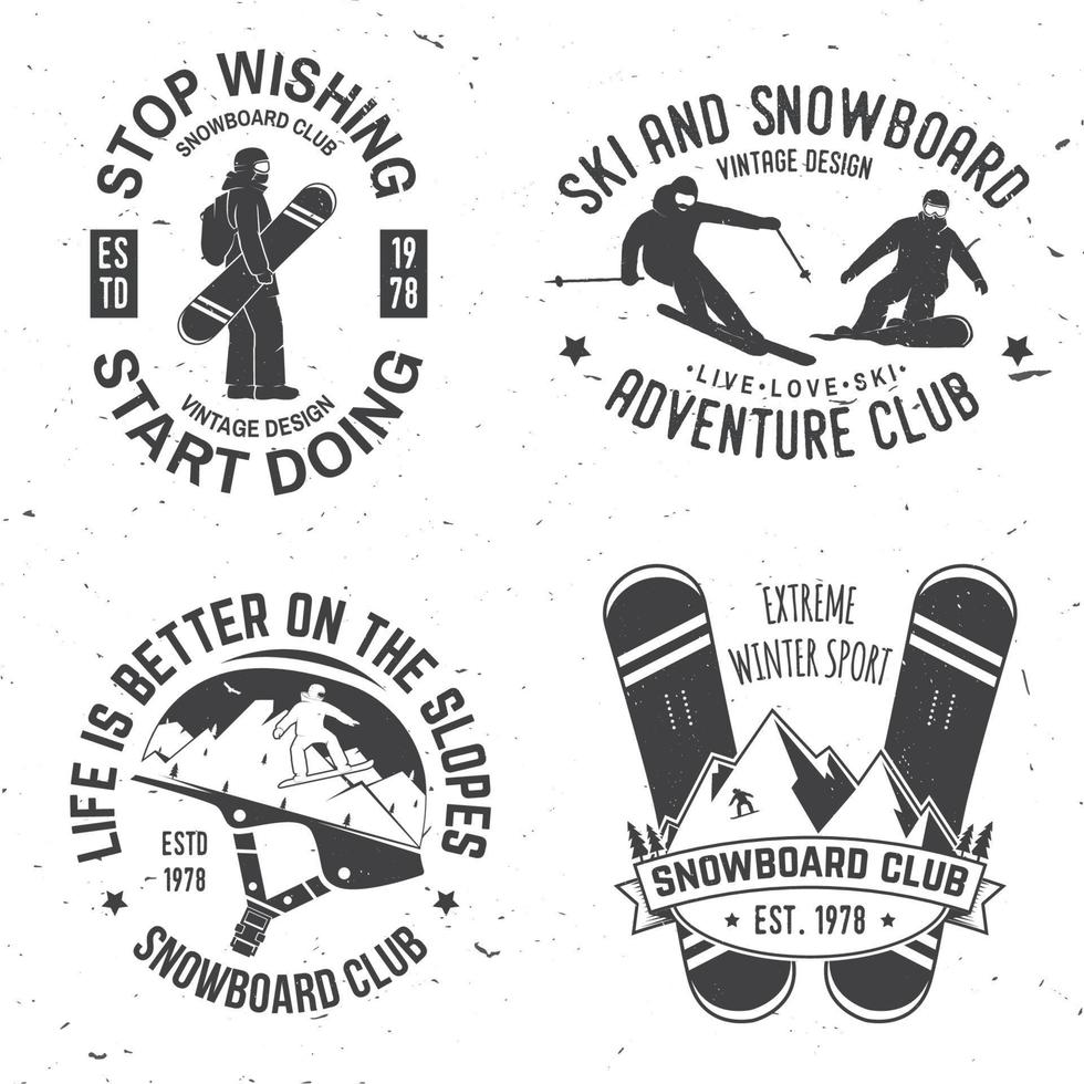 reeks van ski en snowboard club insigne insignes. vector