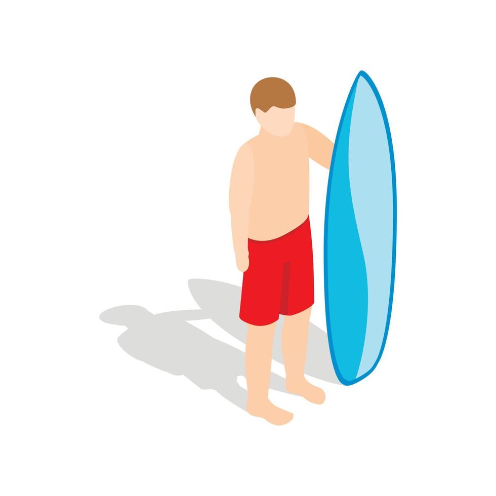 surfer Mens met surfboard icoon isometrische 3d stijl vector