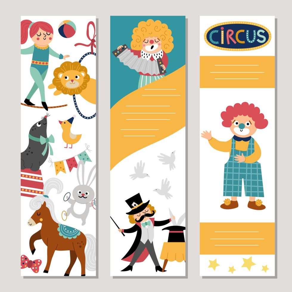 schattig reeks van circus verticaal kaarten met clown, artiesten, dieren. vector straat tonen afdrukken Sjablonen. amusement park of verjaardag partij bladwijzer ontwerp voor labels, ansichtkaarten, advertenties