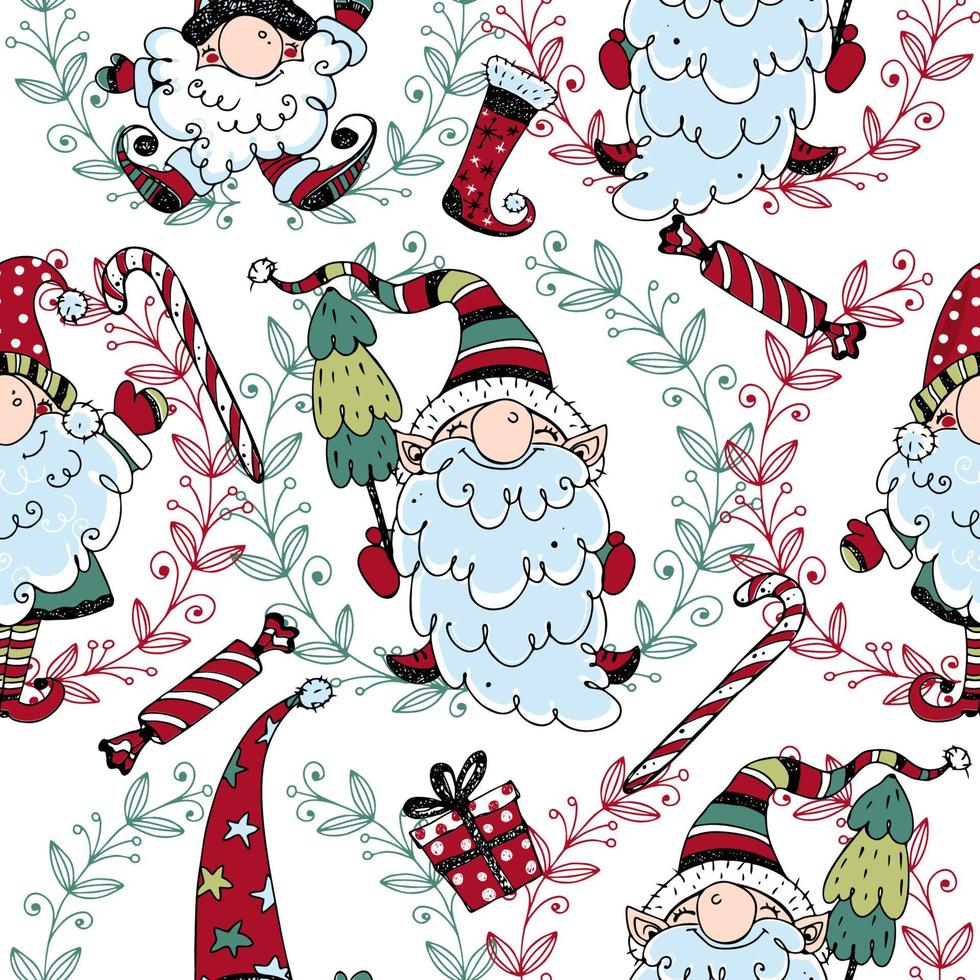 Kerstmis naadloos patroon met schattig nordic kabouters. tekening stijl. vector. vector