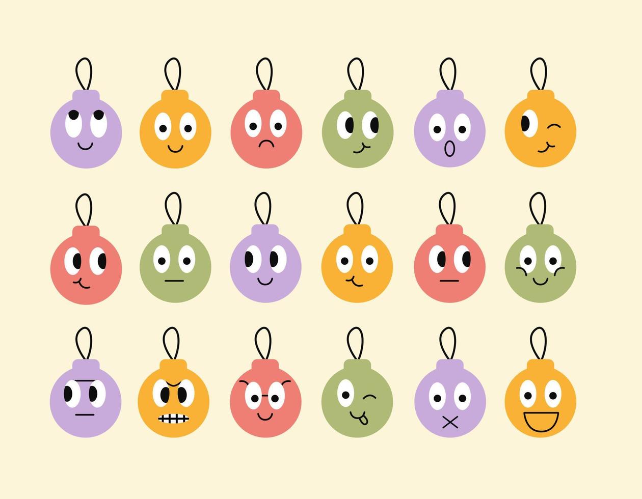 reeks van grappig kleurrijk Kerstmis ballen pictogrammen geïsoleerd Aan beige achtergrond. schattig emotie gezicht ballen. vakantie vector illustratie.