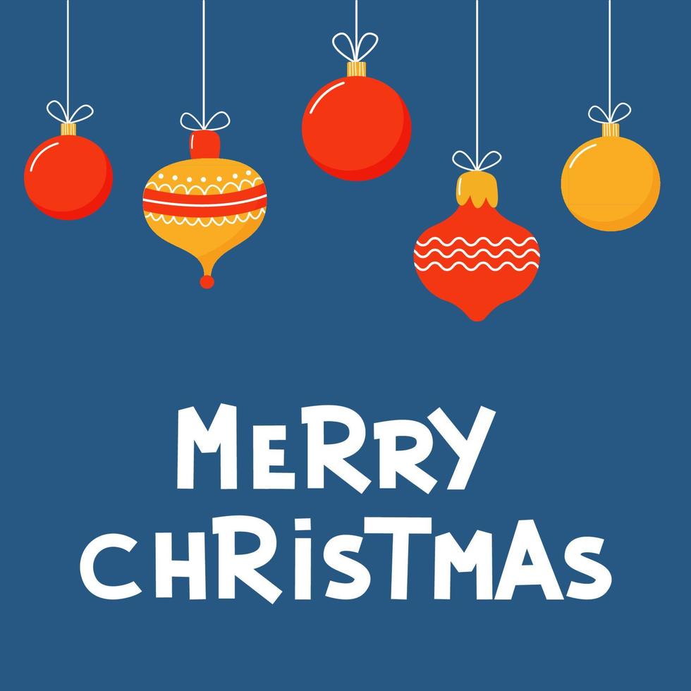 Kerstmis speelgoed hangende Aan linten en belettering vrolijk Kerstmis Aan een blauw achtergrond. vieren nieuw jaar en kerstmis. vector illustratie in tekenfilm stijl
