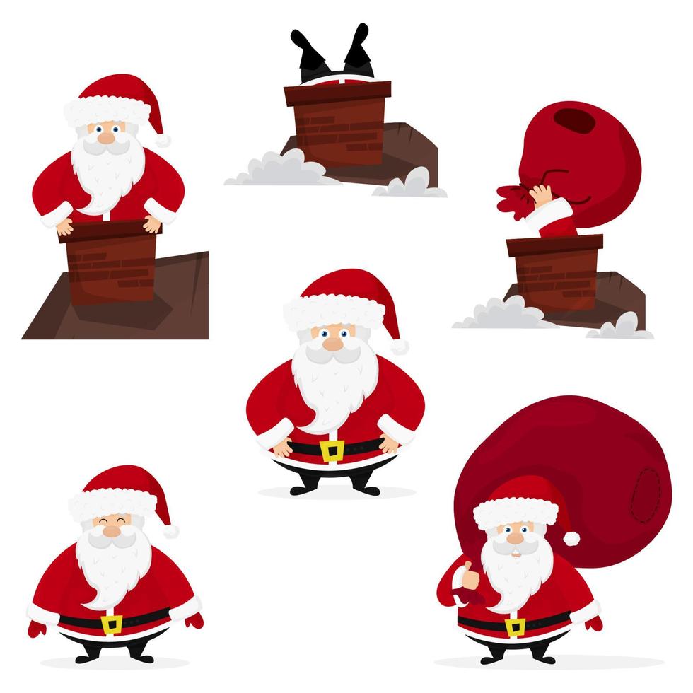 reeks van tekenfilm de kerstman claus met verschillend emoties en situaties. de kerstman met zak van geschenken, de kerstman in de schoorsteen. vector illustratie geïsoleerd Aan wit achtergrond