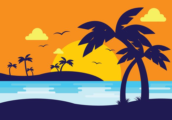 Sunset Beach Met Palm Silhouette vector