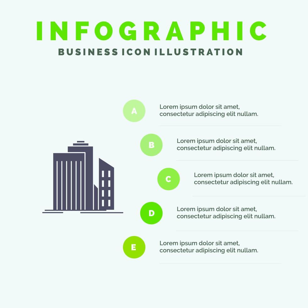 wolkenkrabber architectuur gebouwen bedrijf kantoor echt landgoed solide icoon infographics 5 stappen presentatie achtergrond vector