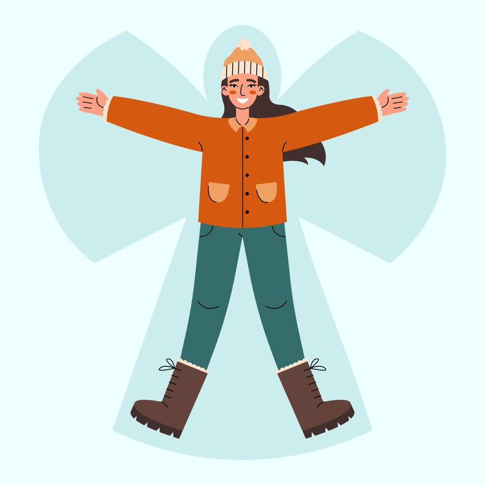 jong vrouw aan het liegen in sneeuw Aan terug en in beweging armen en poten. glimlachen meisje maken sneeuw engel. winter amusement concept. vector