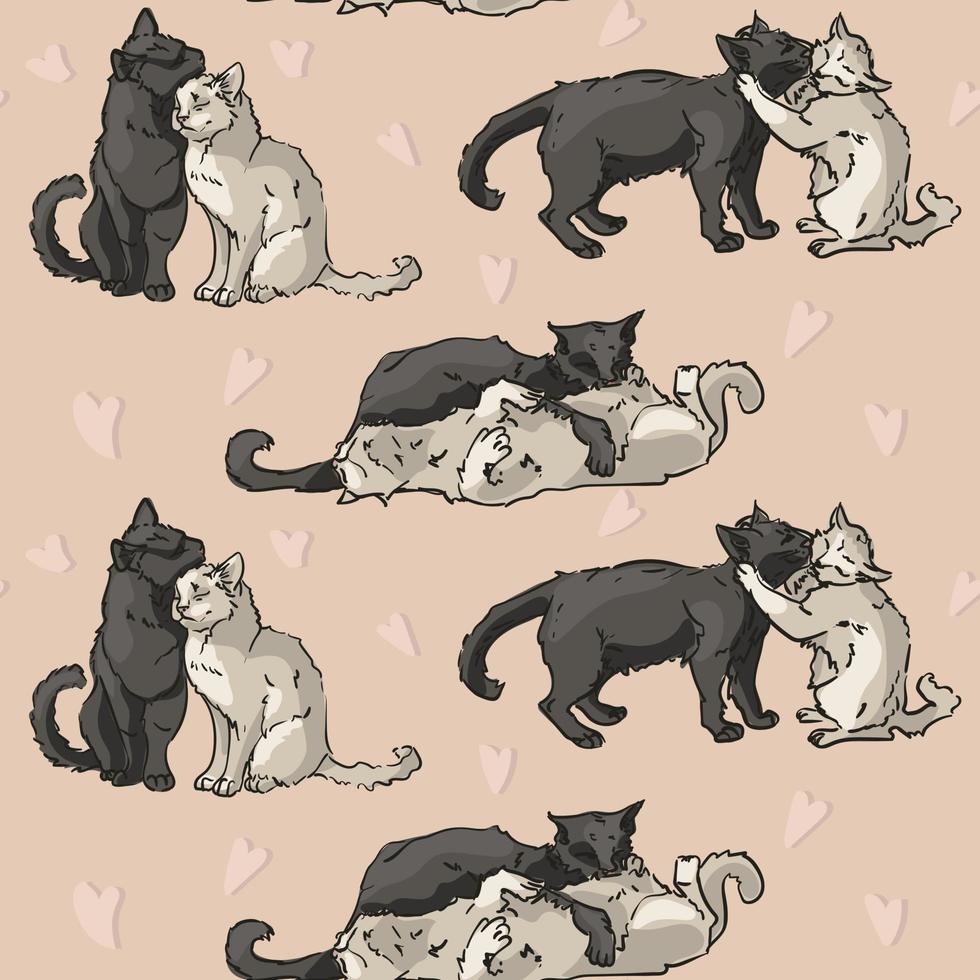 een patroon van schattig en grappig katten knuffelen. een verzameling van tekenfilm karakter ontwerpen van een kat of katje met een vlak kleur in verschillend poseert. huisdieren, naadloos Aan roze achtergrond met harten. vector