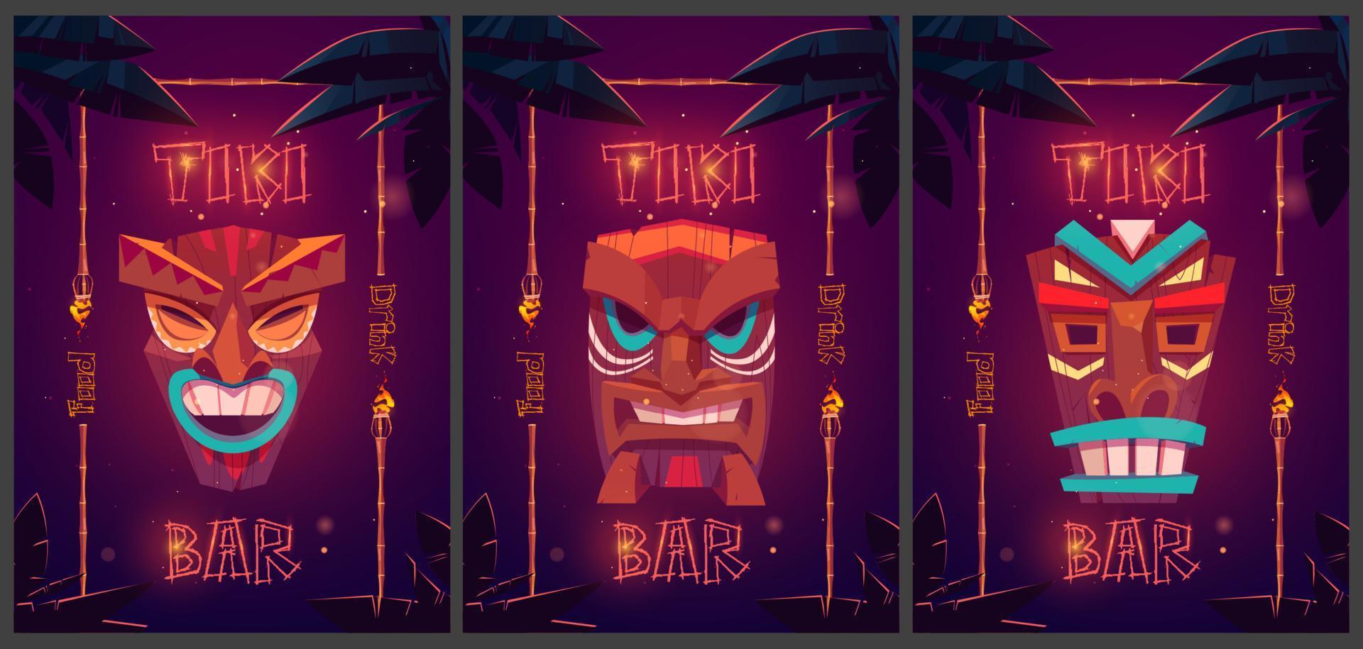 tiki bar tekenfilm advertentie posters met tribal maskers vector