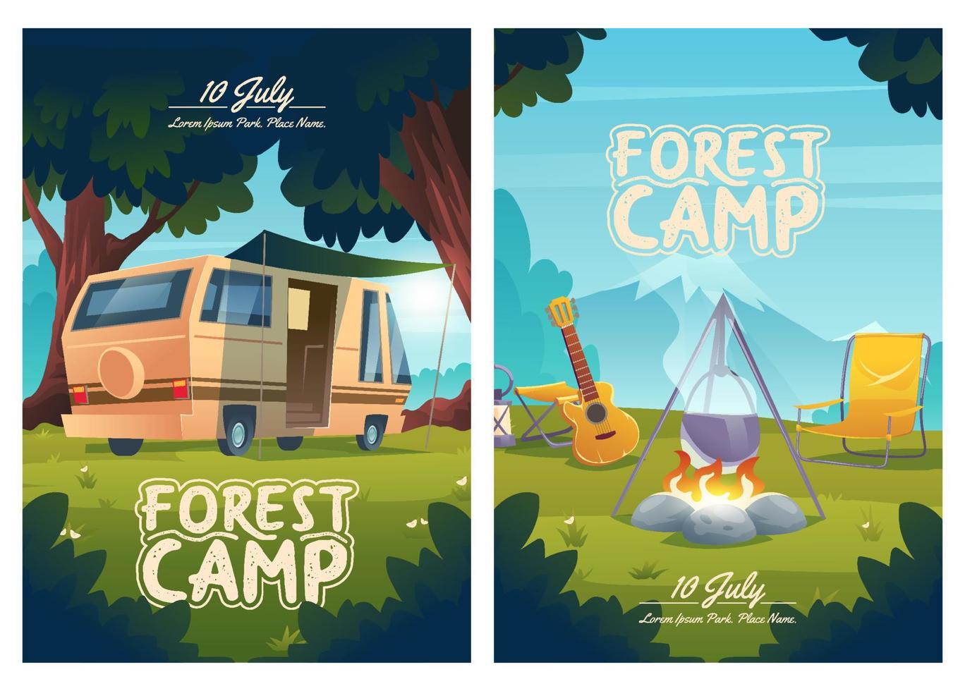 Woud kamp tekenfilm flyers, uitnodiging naar camping vector