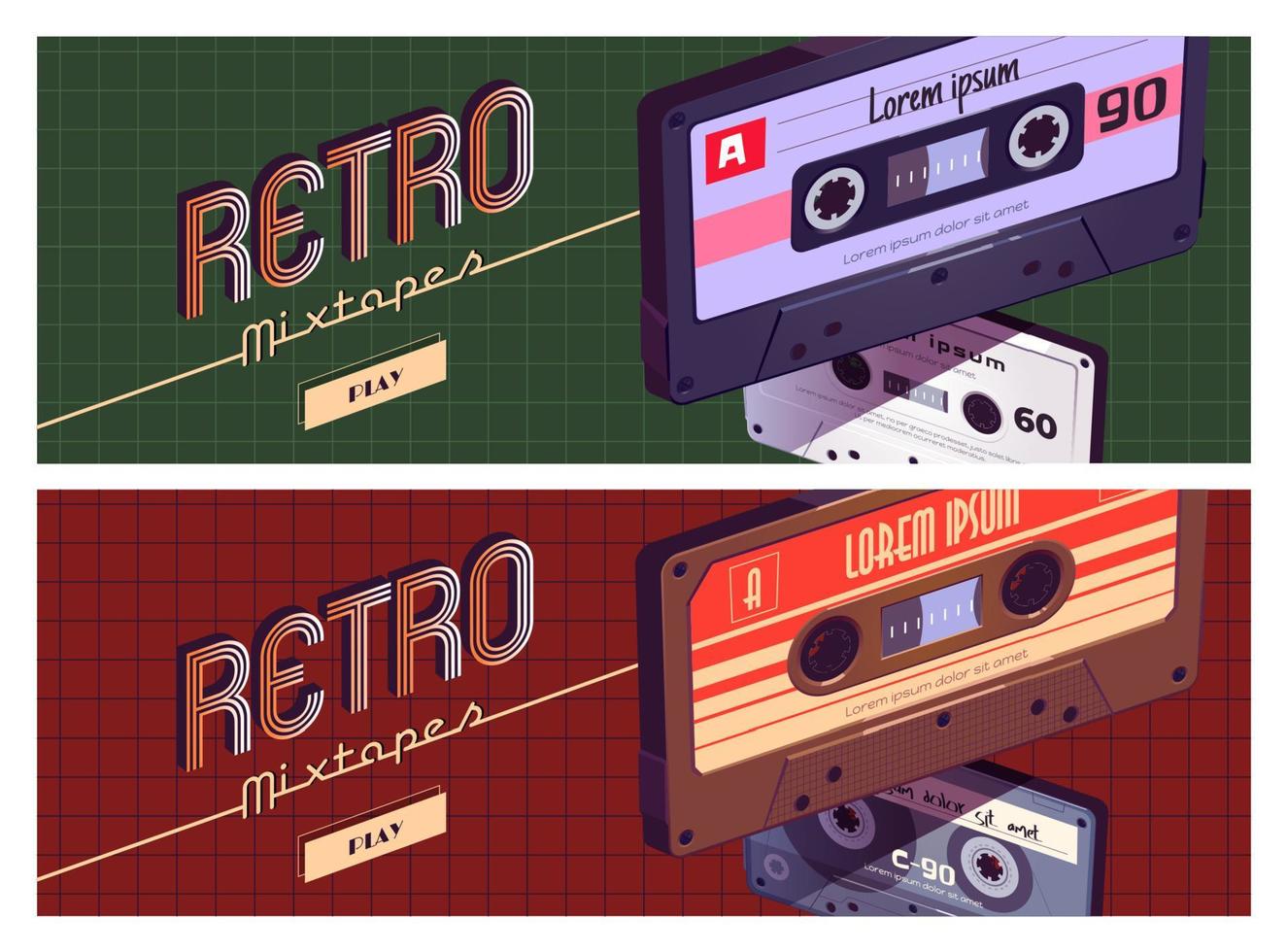 retro mixtapes tekenfilm banier, audio speler vector