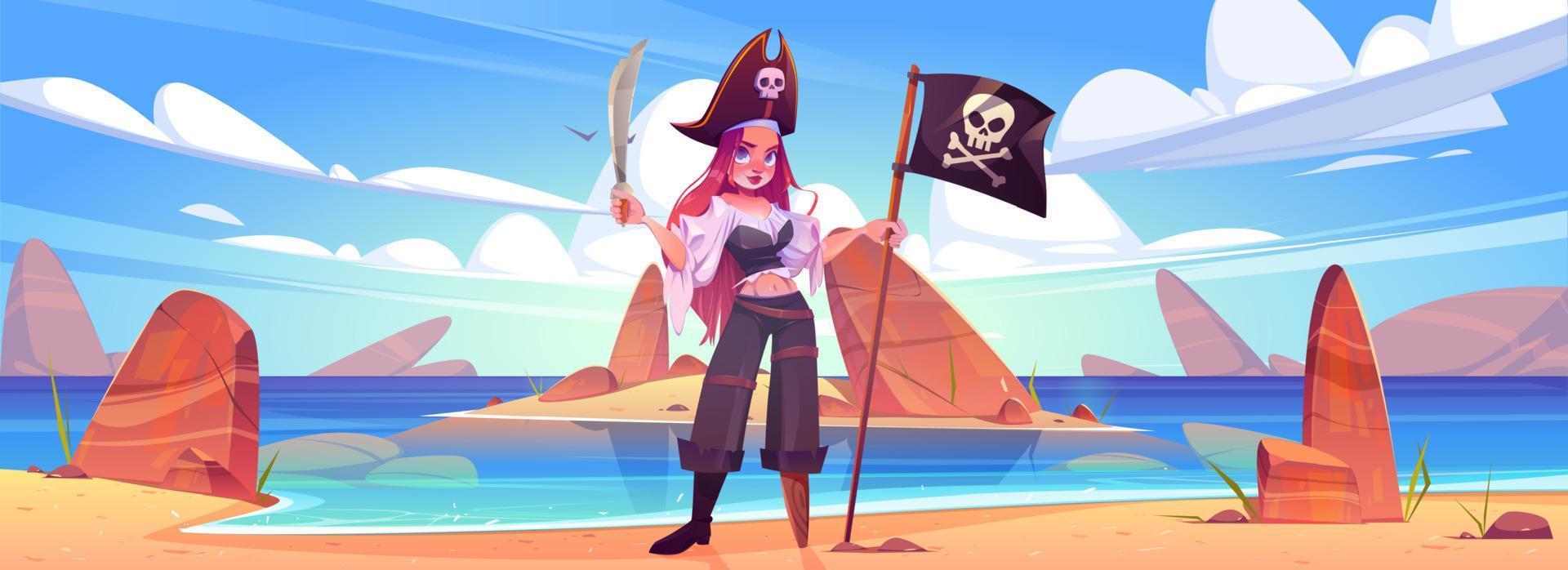 meisje piraat Aan strand met vrolijk roger vlag, zwaard vector