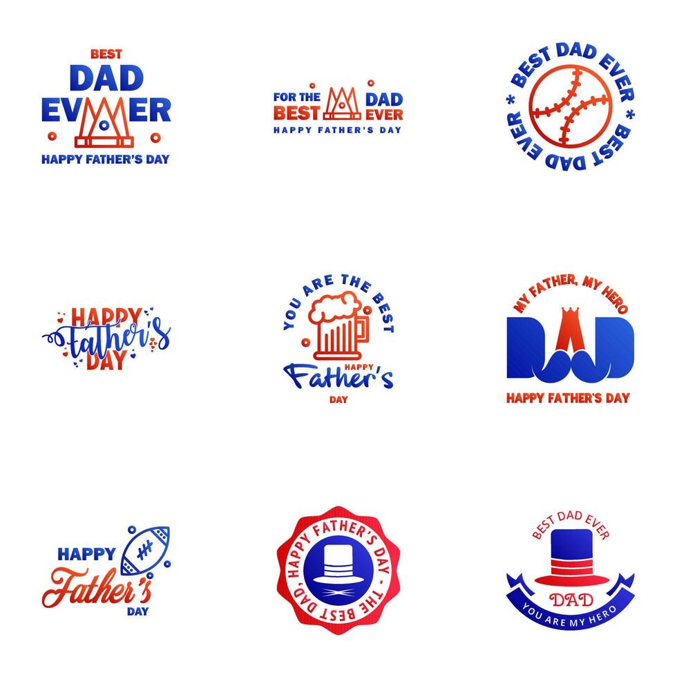 vaders dag belettering 9 blauw en rood kalligrafische emblemen badges reeks geïsoleerd Aan donker blauw gelukkig vaders dag het beste vader liefde u vader opschrift vector ontwerp elementen voor groet kaart en andere