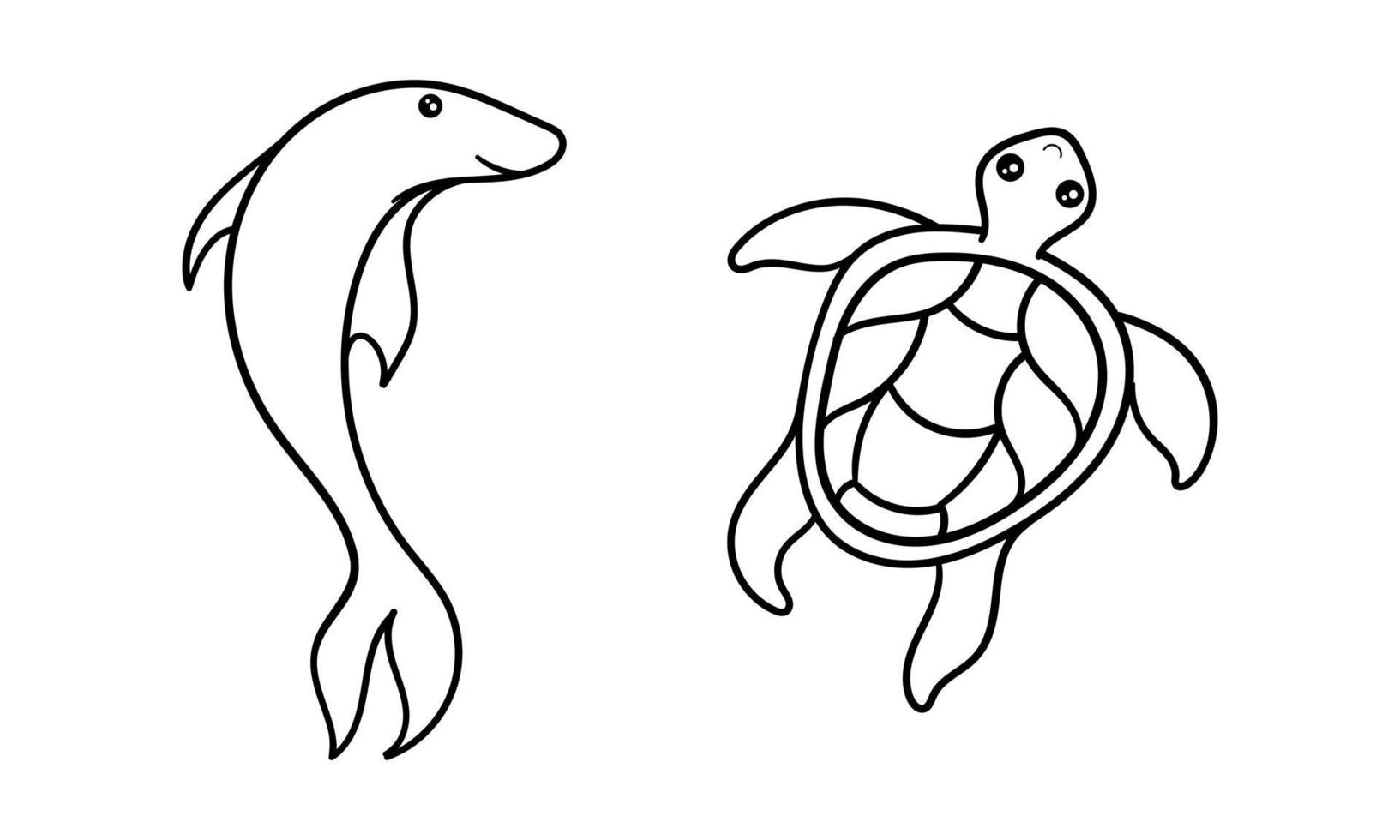 hand- getrokken dolfijn en schildpad vector