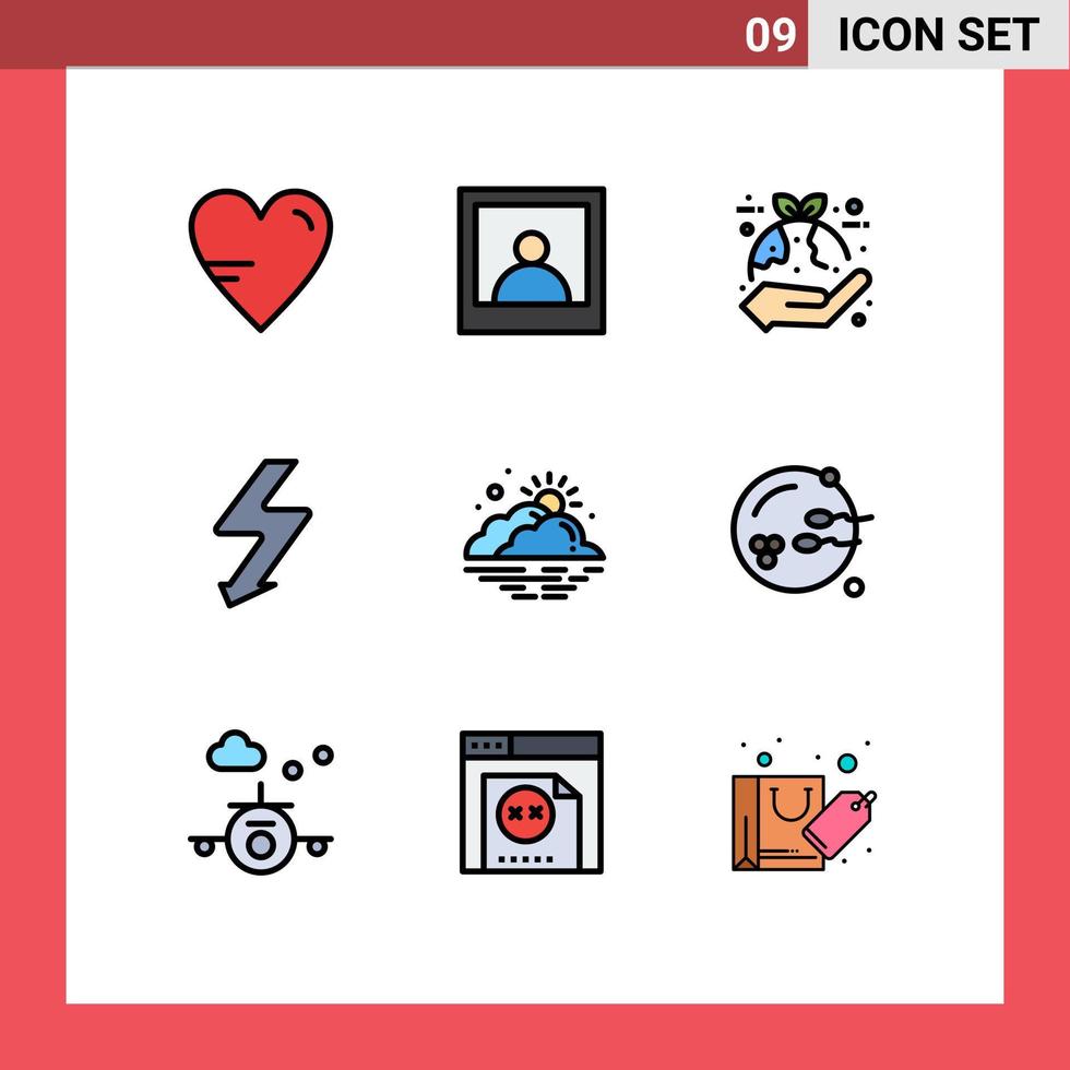 mobiel koppel gevulde lijn vlak kleur reeks van 9 pictogrammen van zon dag eco wolk flash bewerkbare vector ontwerp elementen