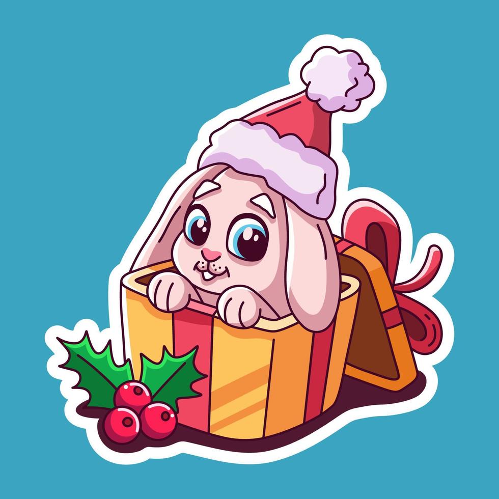 weinig wit konijn in geschenk doos en hulst bessen. Kerstmis vector illustratie. sticker voor Kerstmis decoraties. weinig schattig konijn in Kerstmis hoed. tekenfilm karakter.