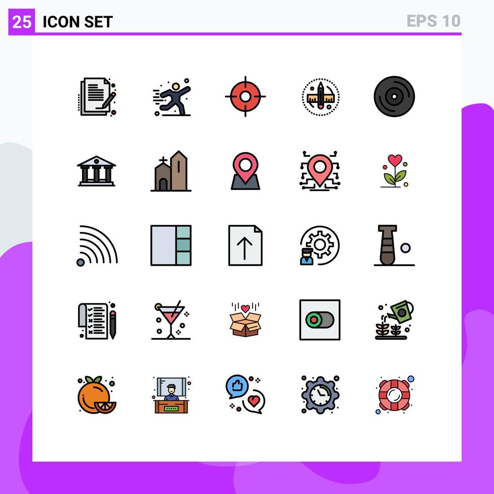 25 gevulde lijn vlak kleur concept voor websites mobiel en apps vinyl album GPS gereedschap potlood bewerkbare vector ontwerp elementen