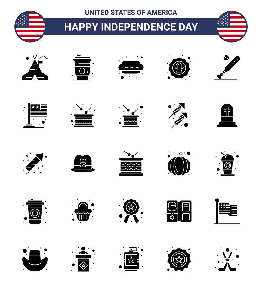 25 solide glyph tekens voor Verenigde Staten van Amerika onafhankelijkheid dag bal adelaar heet hond viering Amerikaans bewerkbare Verenigde Staten van Amerika dag vector ontwerp elementen