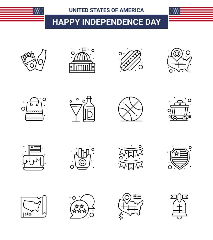 gelukkig onafhankelijkheid dag 4e juli reeks van 16 lijnen Amerikaans pictogram van geld plaats pin Amerikaans Wisconsin staten bewerkbare Verenigde Staten van Amerika dag vector ontwerp elementen